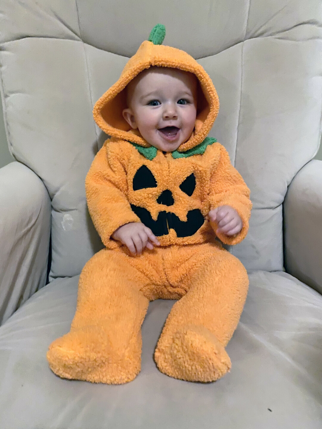 This cutie, Emma Reed, is all dressed up for her first Halloween!