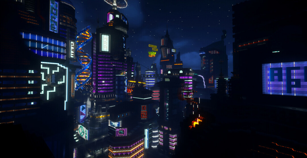 Lonneman has designed an urban scene for a cyber-themed map that her company, Cynosia, will sell on Minecraft Marketplace.
