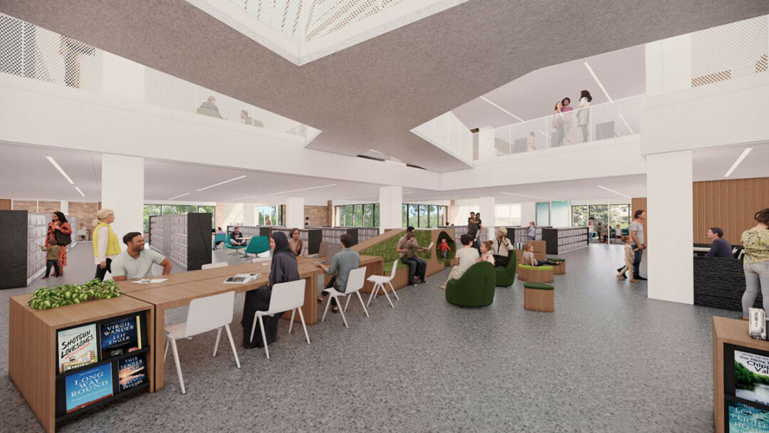 A design rendering of the proposed first-floor gathering space in the remodeled L.E. Phillips Memorial Public Library in Eau Claire. (Submitted image)