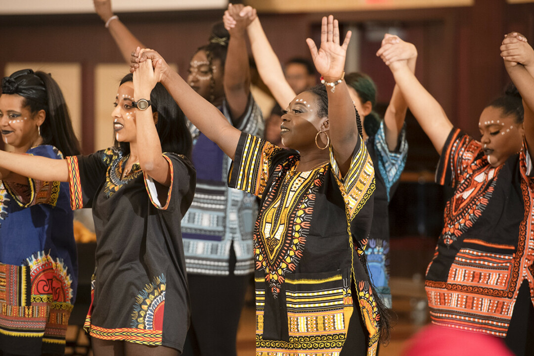 The 2020 Harambee Celebration in Davies Center featured dancing and traditional cultural attire, such as the dashikis pictured above. This year's Wakanda Wednesdays will invite students to wear cultural attire throughout the month. (UWEC photo)