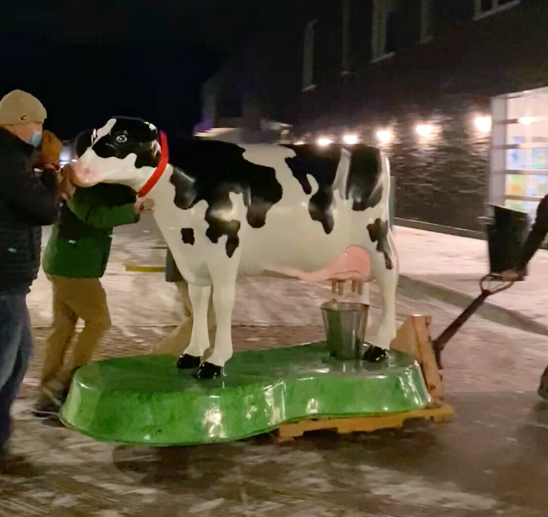 Elsie the Cow will find a new – but temporary – home inside the Children's Museum of Eau Claire's Play Space pop-up at Haymarket Landing, which is expected to open by March 30. (Photo via Facebook)