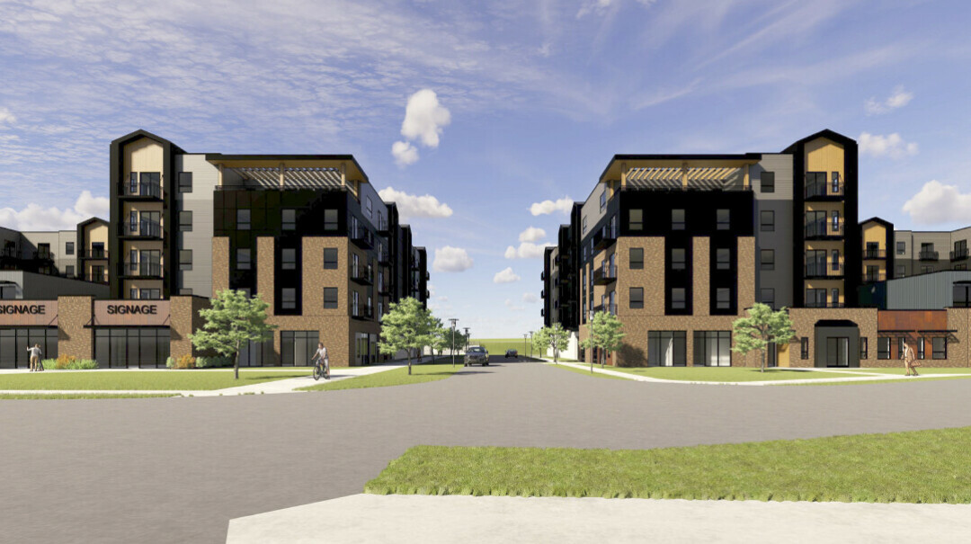 The proposed development would consist of two five-story buildings, which would include commercial space and approximately 250 apartments. (River Valley Architects)