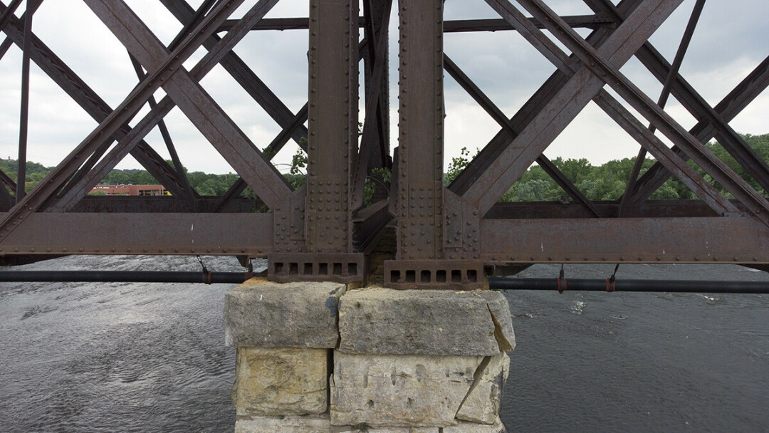 This photo, taken with a drone by Bryan Pederson, shows damage to one of the stone piers holding up the High Bridge over the Chippewa River