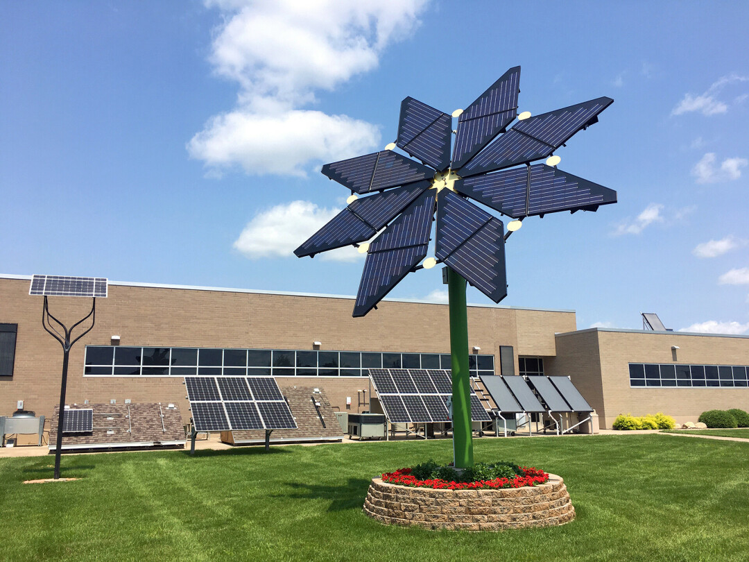 SUN FLOWER. CVTC’s first “solar tree” provides up to 180w of energy on a suny day. The energy coming is tracked and viewed via a website.