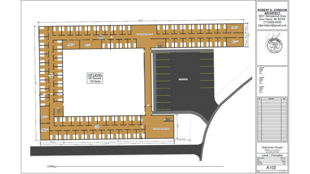This preliminary architectural drawing shows a one-story, 130-bed shelter proposed by JCap.