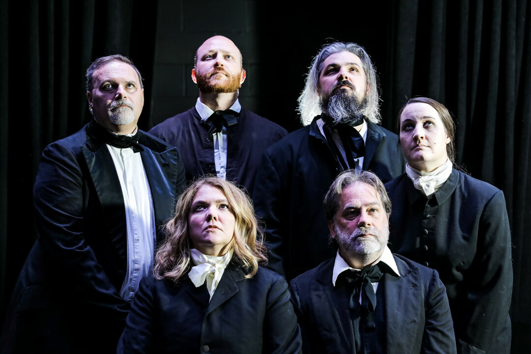 MORTALITY AND MADNESS. Kevin Brylski, Chris Finn, Ron Bower, Meg Hammes-Murray, James Finn, and Josh Hammes-Murray will  star in the upcoming performance of Poe, an original play written by founders of the Two Griffin Theatre troupe, Chris and James Finn.  