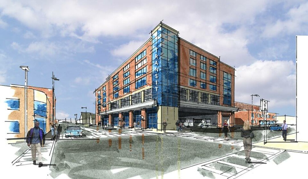 LOOKING UP. An early rendering of the now-under-construction Eau Claire Transit Center. Current plans call for three residential floors (instead of four shown in this rendering). (Source: City of Eau Claire)