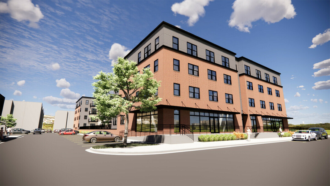 A view of the proposed mixed-use building from North Barstow Street, showing commercial space on the first floor and apartments above. (River Valley Architects)