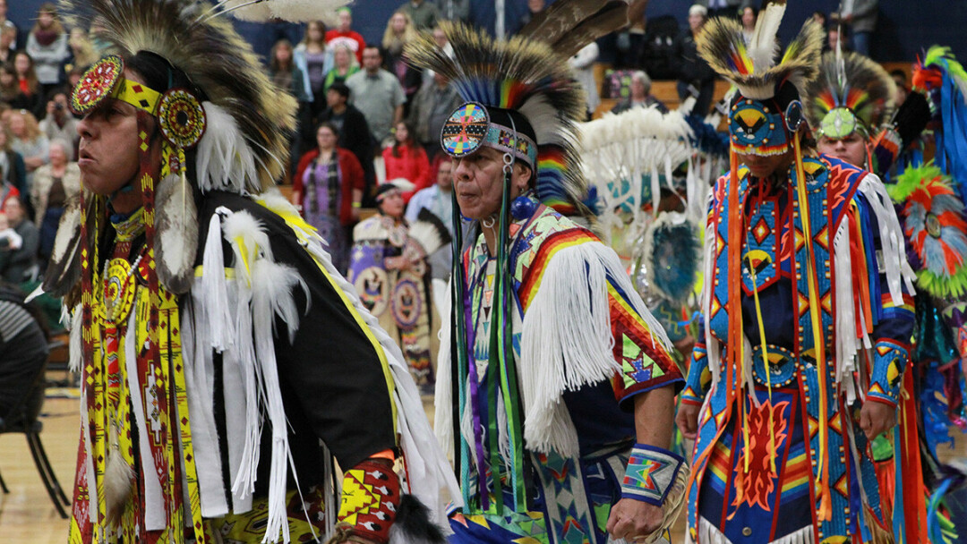 Dancers at a previous year's pow-wow at UW-Eau Claire's Zorn Arena. This year, 
