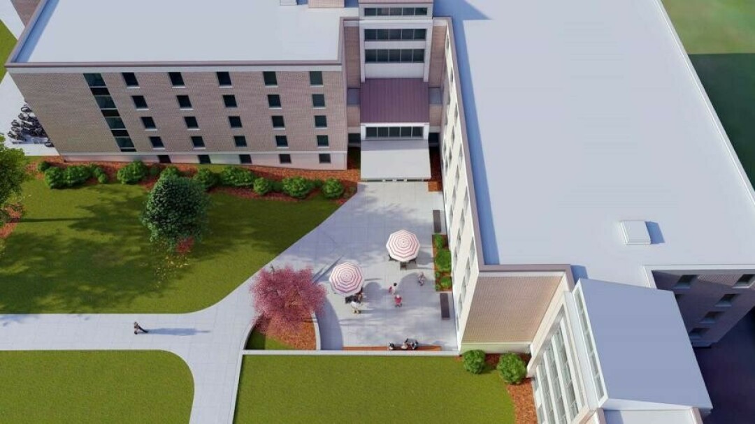 A 2022-23 renovation of South Hall residence hall at UW-Stout will include a new main entrance on the northeast side, facing the campus mall. / Ramlow/Stein Inc. drawing
