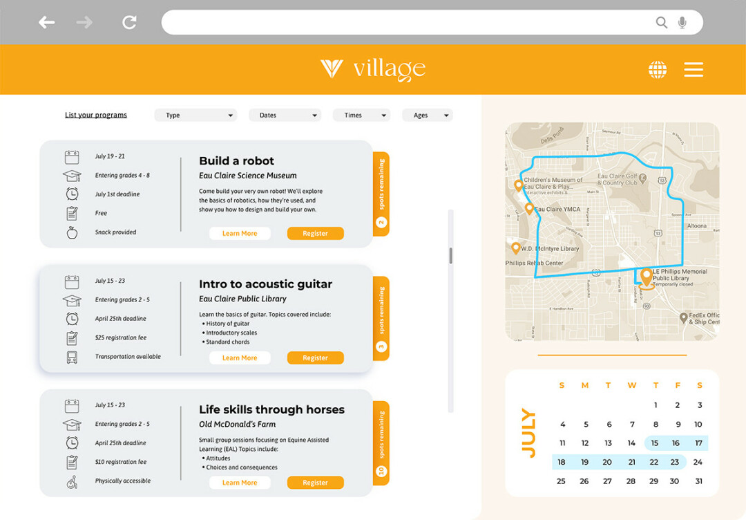 A mockup of the VILLAGE user interface.  (Source: village.com)