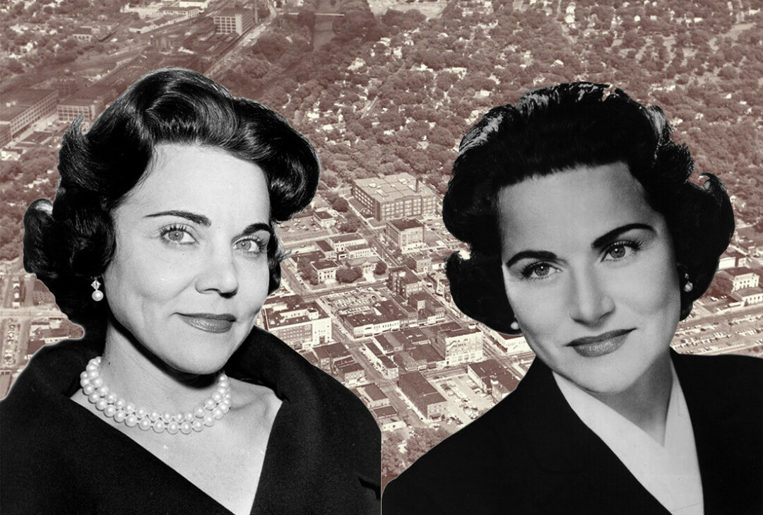 SIGNIFICANT SISTERS. Eppie Lederer (a.k.a. Ann Landers, right) and Pauline Phillips (Abigail Van Buren) were famed advice columnists in their day. They were also onetime Eau Claire residents. (Aerial photo via Chippewa Valley Museum)