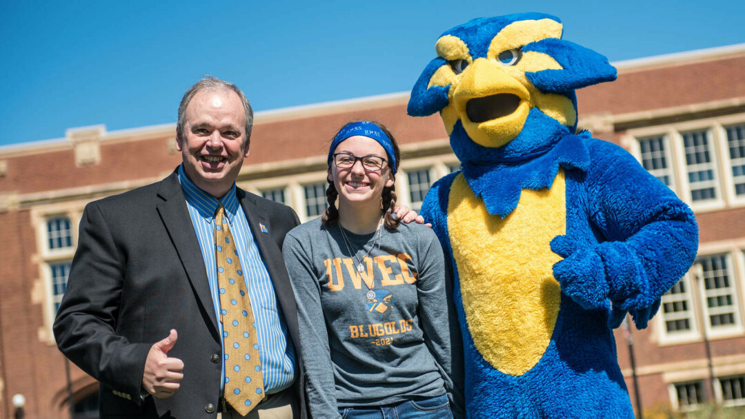 Chancellor James Schmidt might not be palling around with Blu the Blugold much longer. (UWEC Photo)