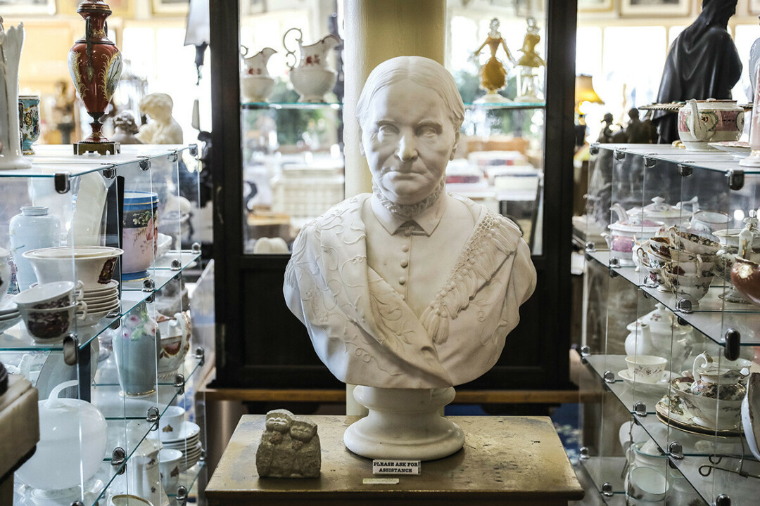 A marble bust of women's rights leader Susan B. Anthony by noted sculptor Leonard Volk.