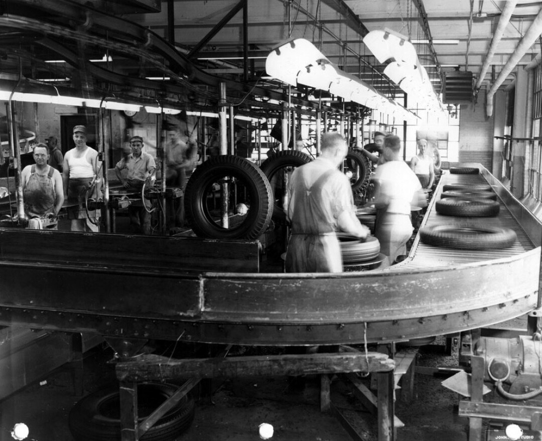 ON THE LINE. Workers on the inspection line at what was then called the U.S. Rubber Co. plant in Eau Claire in August 1947. Known variously as the Gillette, U.S. Rubber, and Uniroyal Goodrich plant, the factory produced tires from 1917 to 1992.