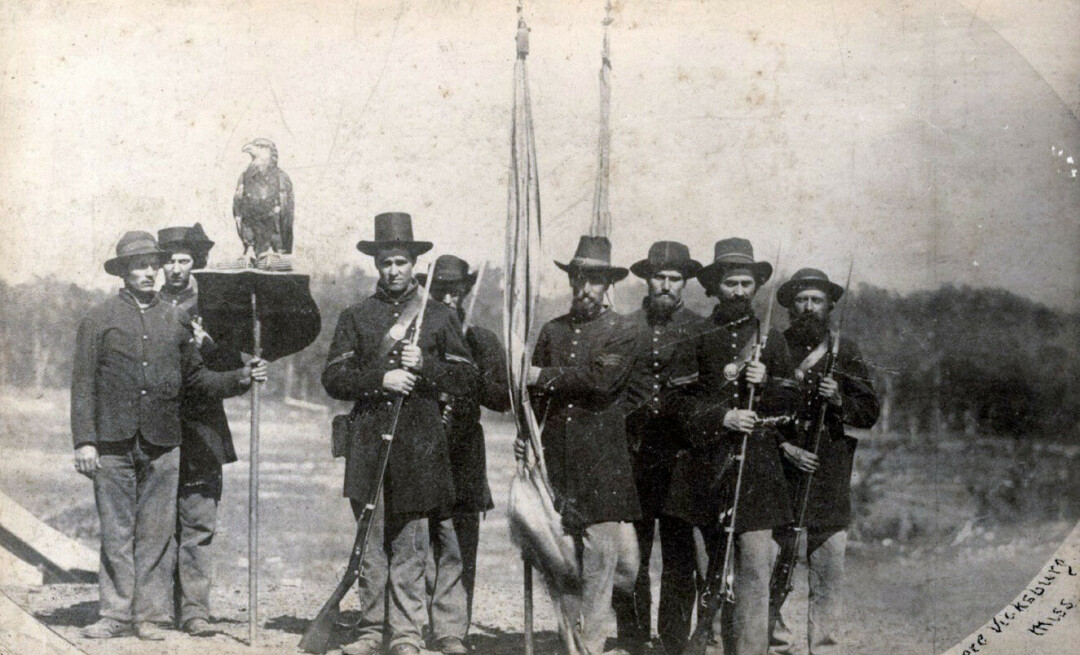 DON'T BOTHER THE BIRD. The Wisconsin 8th Volunteer Infantry Eagle Regiment with Old Abe at Vicksburg in July 1863.