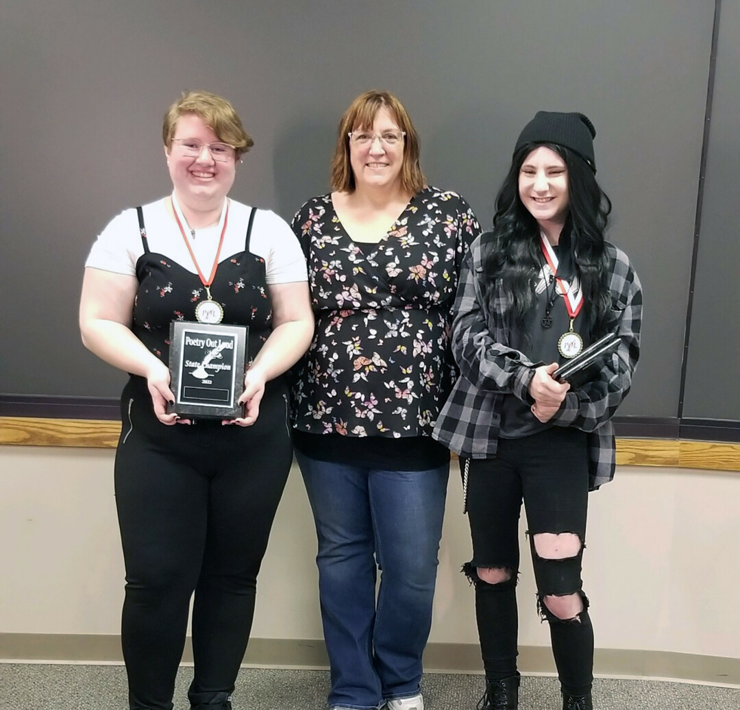 POETRY APPRECIATION. Jess Davis (left) wins first place at state with the help of Forensics Coach Angela Roloson (middle). (Submitted Photo)