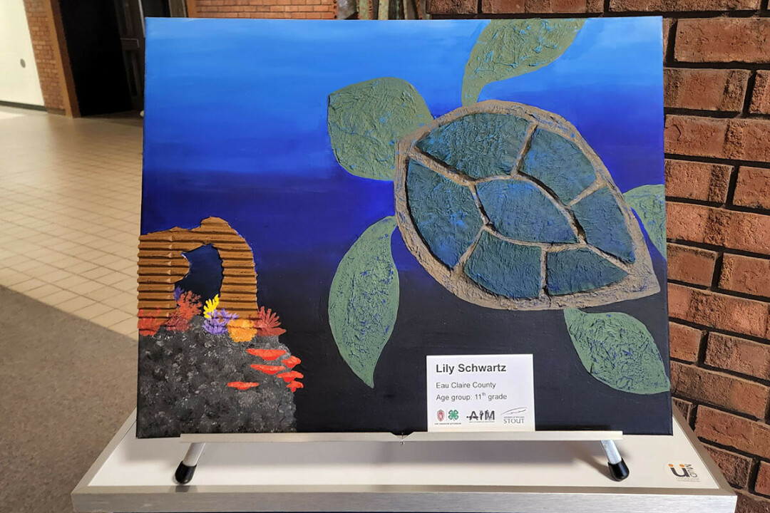 Lily Schwartz’s 3D painted turtle on display in UW-Stout's Heritage Hall.