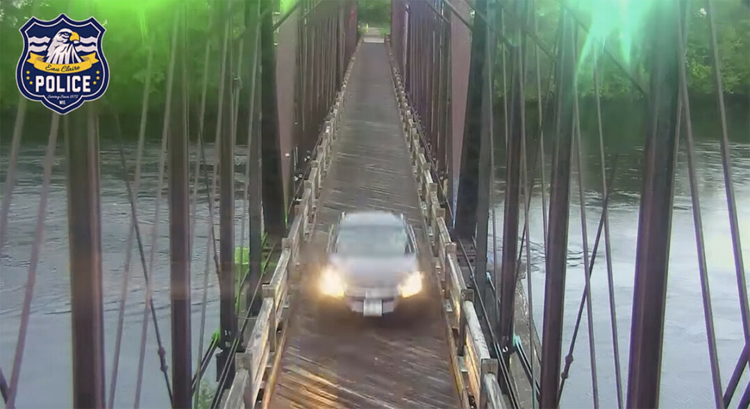 CAUGHT IN THE ACT. The Eau Claire Police Department released this video of a driver on the Phoenix Park pedestrian bridge. To make it clear, this is a pedestrian bridge. (Image via Facebook)