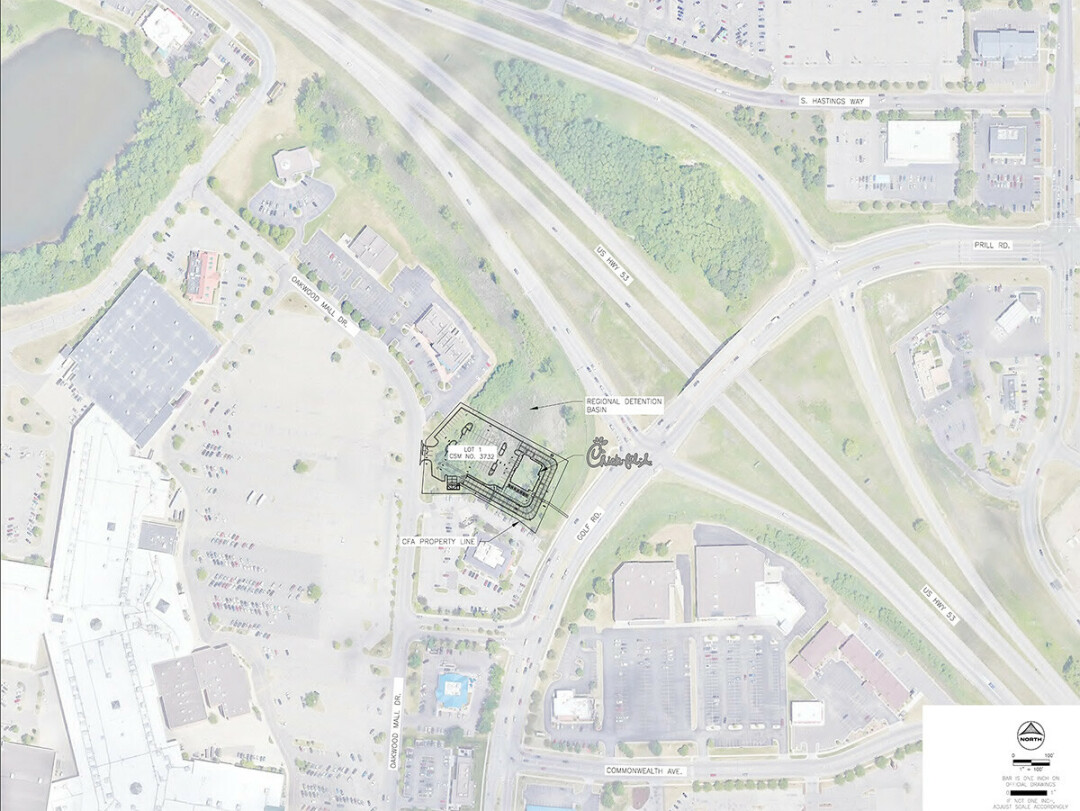The proposed location of the Chick-fil-A on South Oakwood Mall Drive.  The mall's massive parking lot can be seen at right. (Eau Claire Plan Comission)