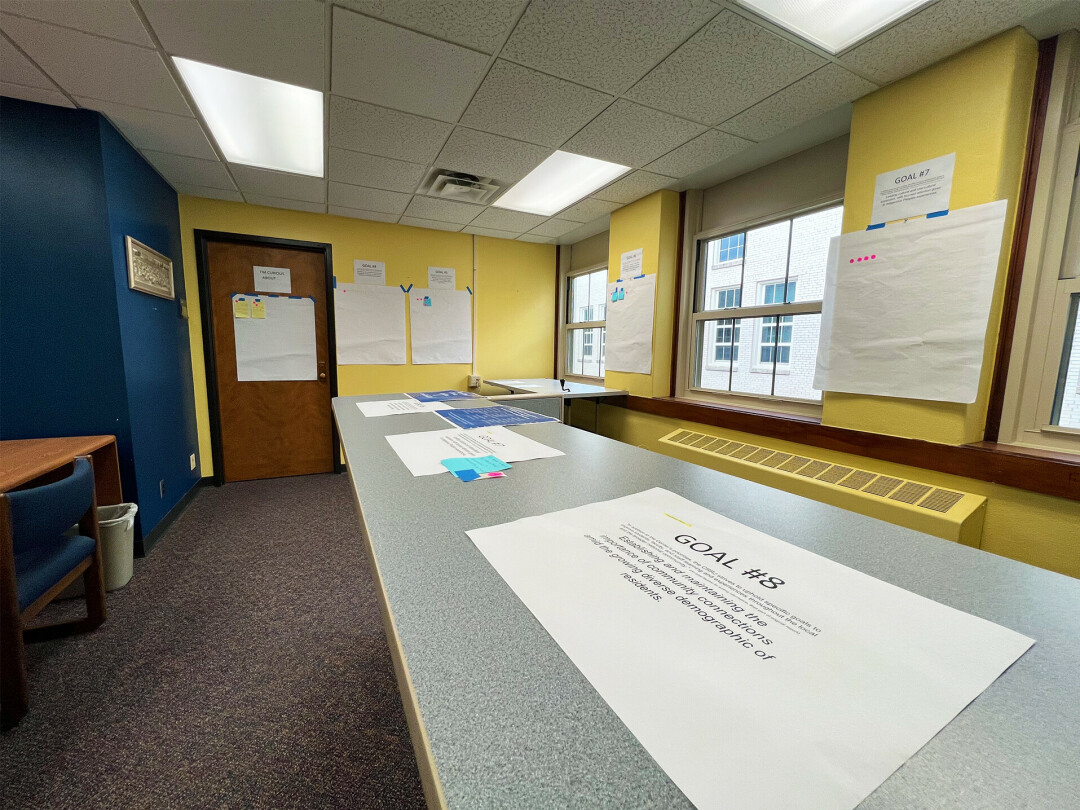 The room in Schofield Hall that Emmanuelle has been using to help visualize the goals and mission of the CRRJ. (Photo by McKenna Scherer)