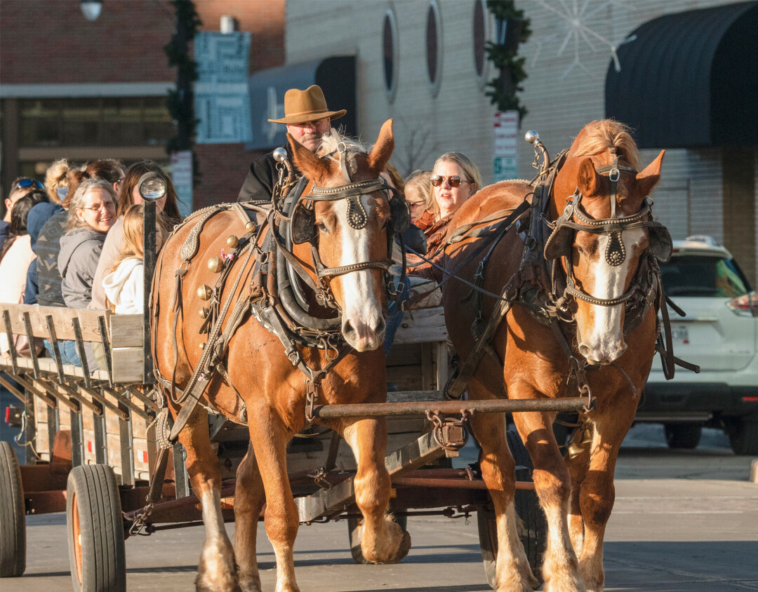 ONE HORSE, THOUGH NOT TECHNICALLY A SLEIGH. Riding through downtown Eau Claire. (Photo by Ma Vue)
