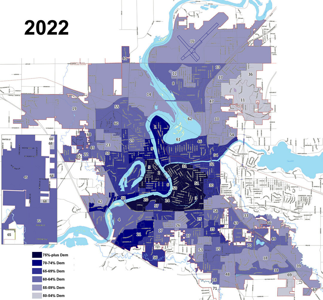 OUT OF THE BLUE. This color-coded map shows the partisan tilt of the City of Eau Claire by ward. Click here for a larger version. (Graphic by Luc Anthony)
