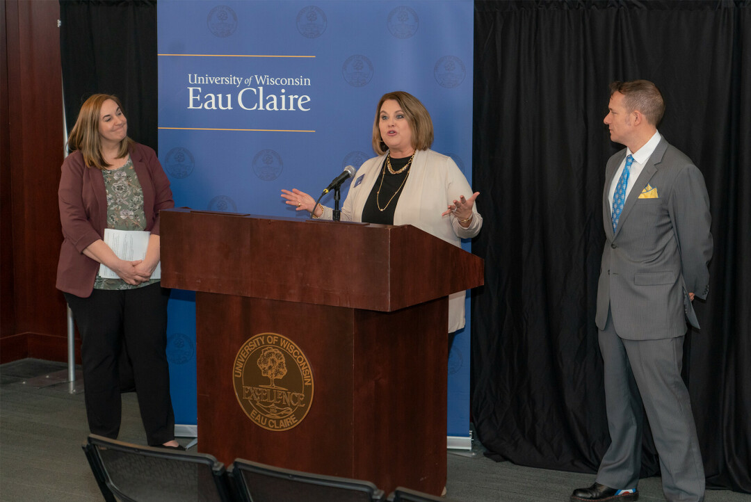 STUDENTS WHO STAY. Staci Heidtke, director of Career Services at UW-Eau Claire (left); Jennifer McHugh, RCU’s vice president-community engagement (middle); and Billy Felz, interim vice chancellor for enrollment management (right), discuss the First Destination Report. (Submitted)