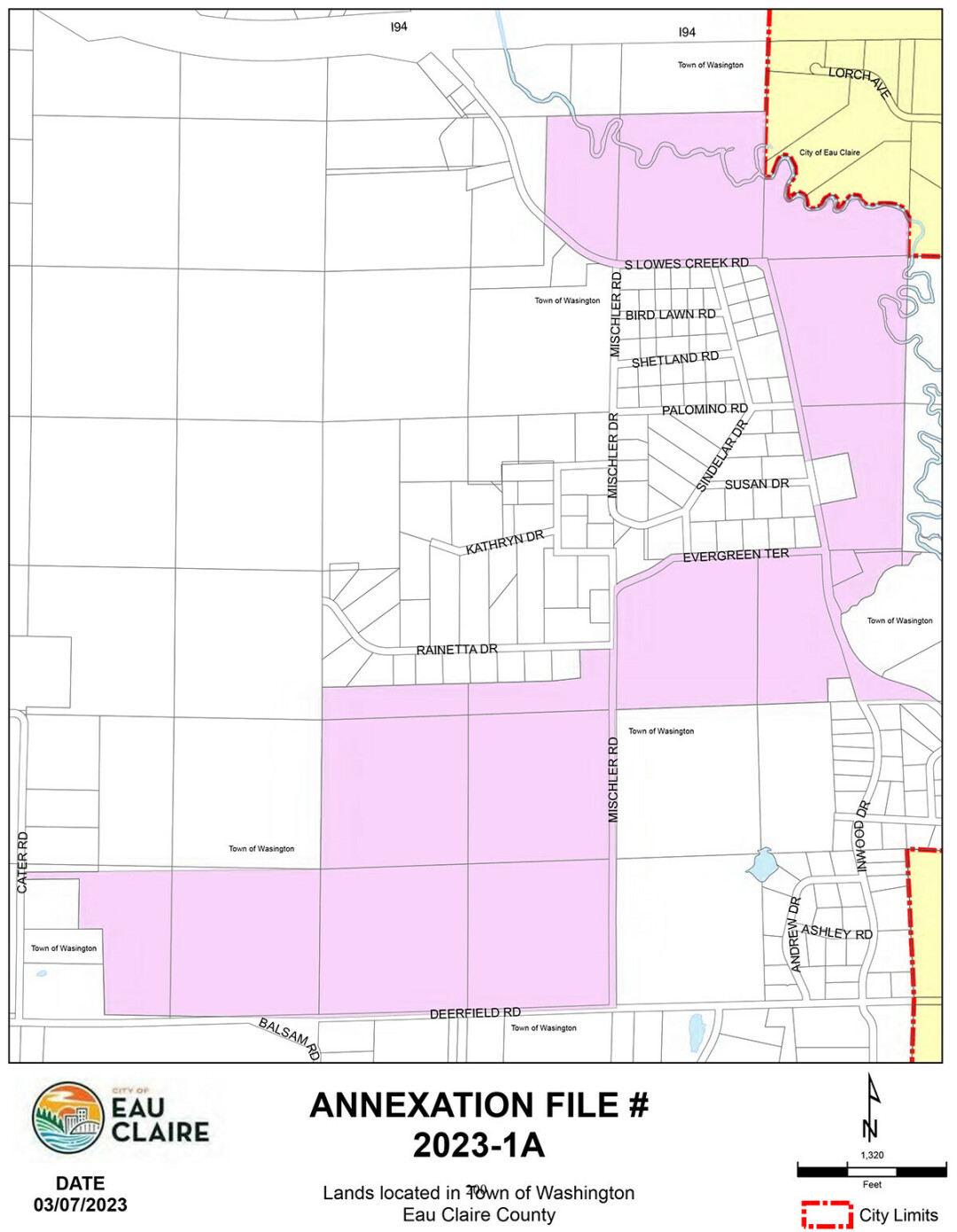 The proposed area to be annexed is shown in pink. Areas that are already in the city limits on the south side of the City of Eau Claire are colored in yellow. (Map via City of Eau Claire)