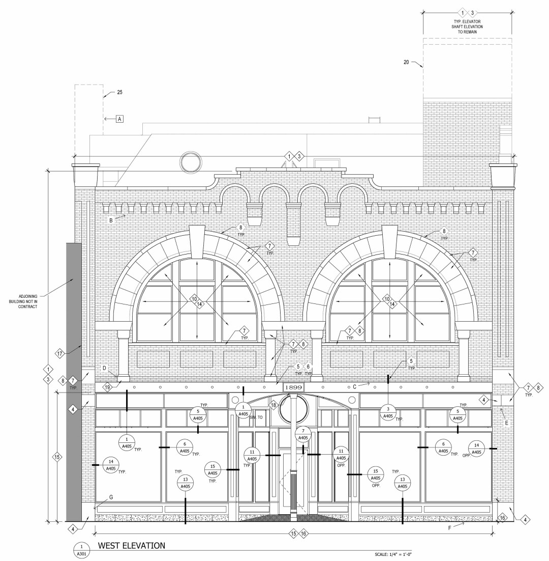 An architectural plan for the remodeled facade, which will more closely resemble the building's original entrance and windows facing Barstow Street.