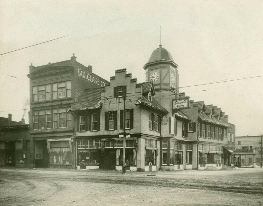 The Schlegelmilch Building at the corner of South Barstow and Eau Claire streets in 1916. (Photo courtesy Chippewa Valley Museum)