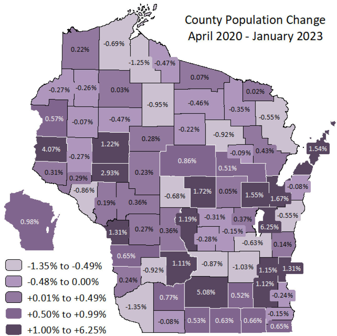 The estimated change in population by county in Wisconsin over the past three years. (Source: Wisconsin Department of Administration)