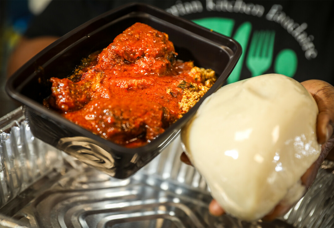 Ogbono soup, hearty Nigerian soup, served with Eba (a type of fufu).