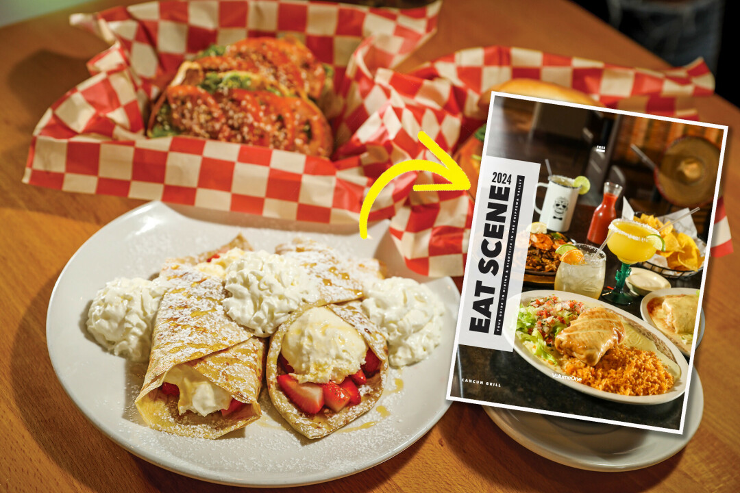 Background photo: Bridge St. Brew; Eat Scene Cover Photo: Cancun Mexican Restaurant