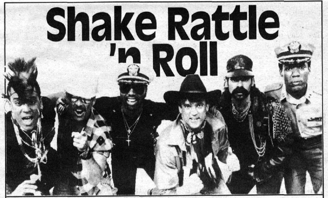 MACHO MEN. A print ad for Shake, Rattle & Roll in 1993, featuring the Village People.