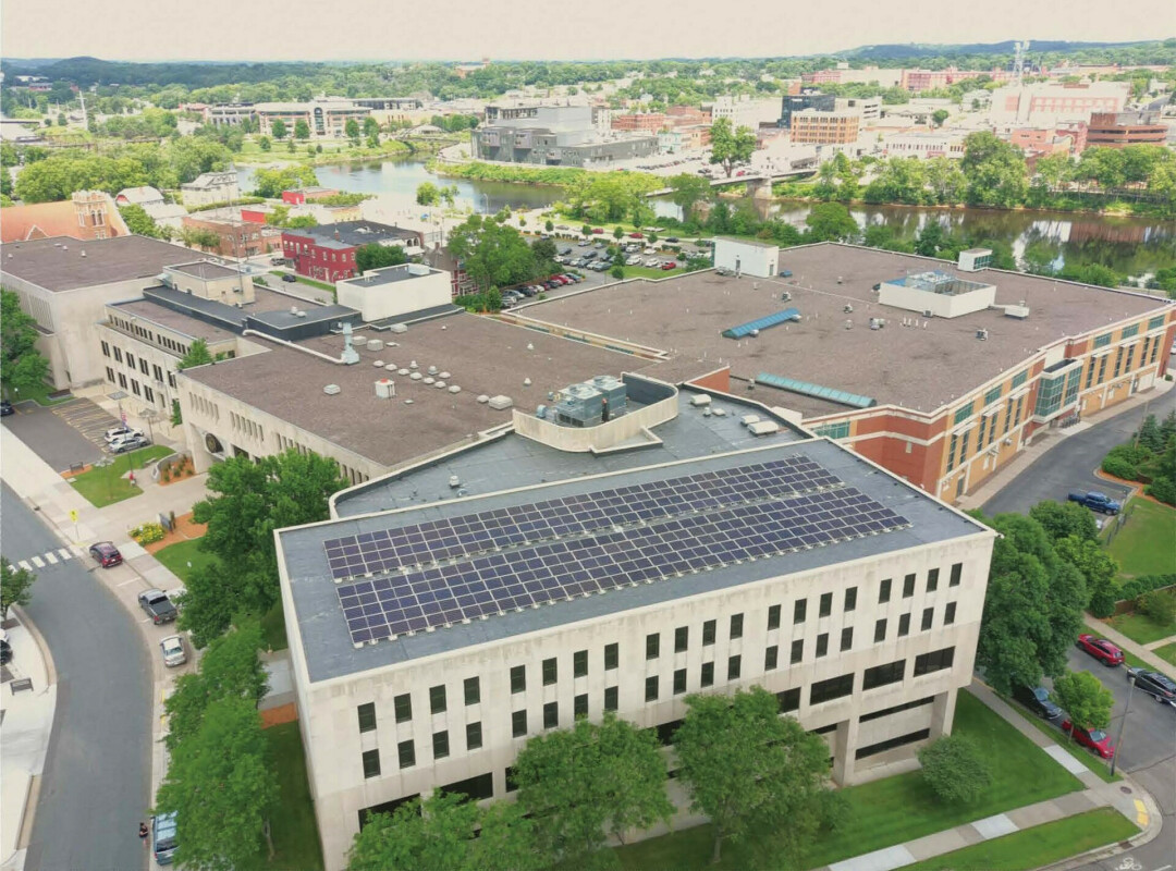 SOLAR STEPS. Eau Claire County is working away at its 2050 goal of operating with 100% renewable energy. (Government Center pictured)