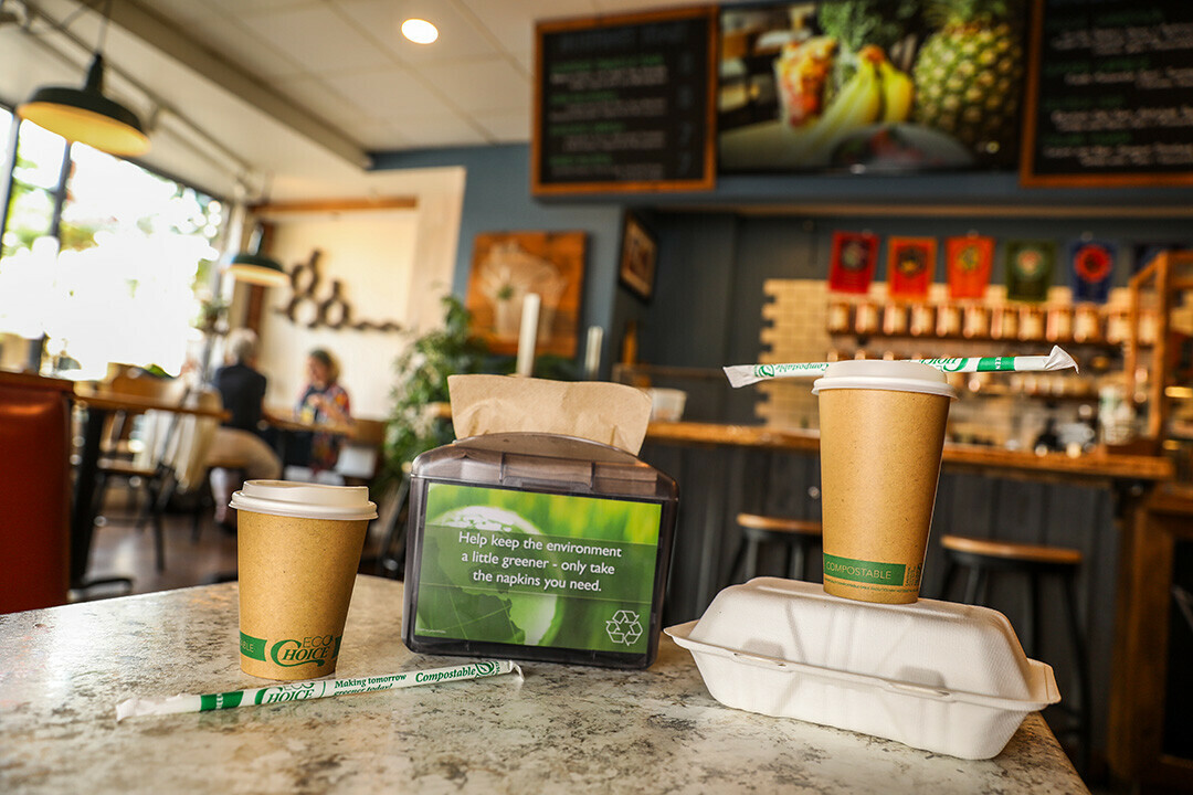 GREEN SCENE. Wonders of Nature in downtown Eau Claire uses plastic-free take-out containers. (Photo by Andrea Paulseth)