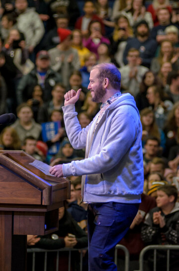 Justin Vernon of Bon Iver spoke at a Bernie Sanders presidential campaign event in Eau Claire in 2016. (Volume One file photo)