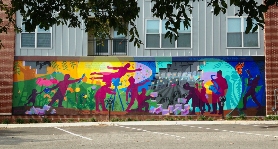 'Pollinators' by Dave Loewenstein, Yuri Zupancic, Jill Ensley, and Lawrence, Kansas community members. Community mural completed in 2017. 