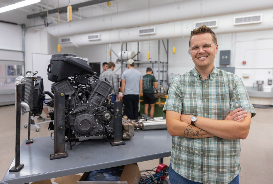 REVVED UP. Two Indian Motorcycle engines donated by Polaris will be studied by mechanical engineering students at UW-Stout thanks to a professorship awarded to Devin Berg.