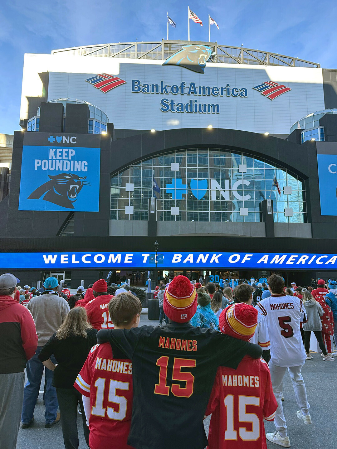 Toley and friends outside Bank of American Stadium in Charlotte, North Carolina.