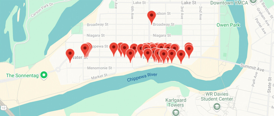 Downtown Eau Claire Inc.'s map of Water Street District businesses.