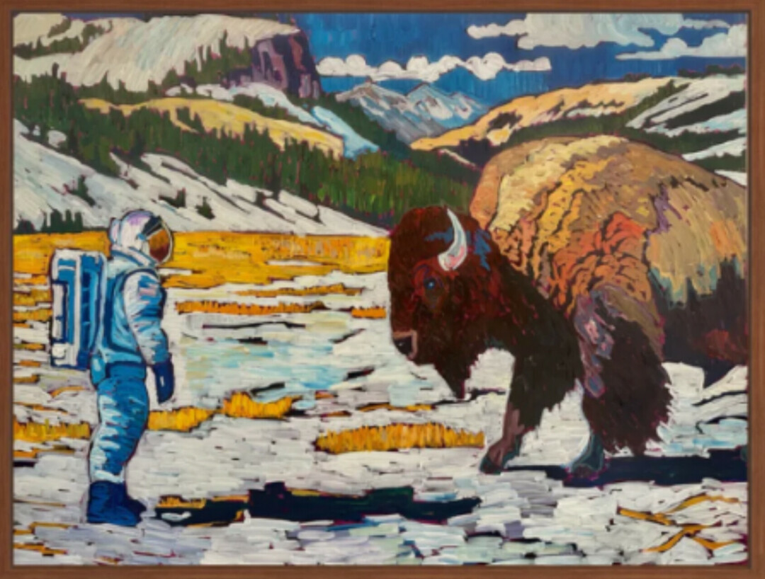 The image above, titled "Alien Encounter," is part of the Astronaut Series by Hogan, in which the astronaut Alice discovers the transcendental values of truth, goodness, and beauty as she explores a variety of landscapes across the Earth.