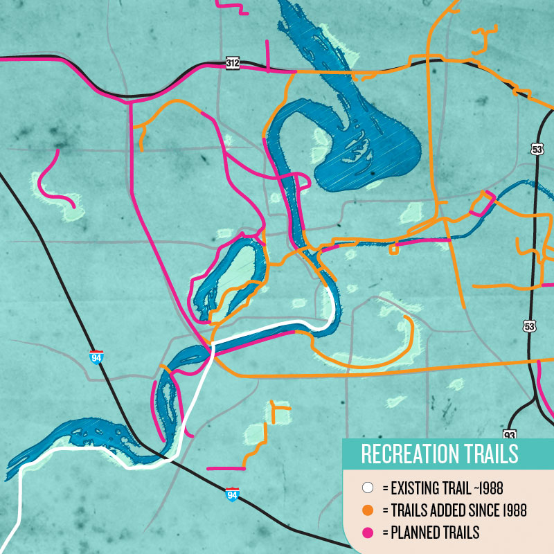 FUTURE FUN: Included are a loop around Half Moon Lake and significant new trails along the Chippewa River north of downtown. NOTE: This map shows only the multi-use recreational paths. It does not reflect on-street bike lanes or road routes. All path depictions are approximate.