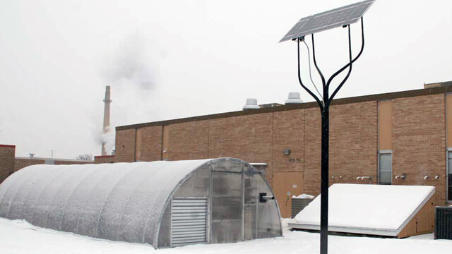 CVTC's new solar tree on a less than sunny day.