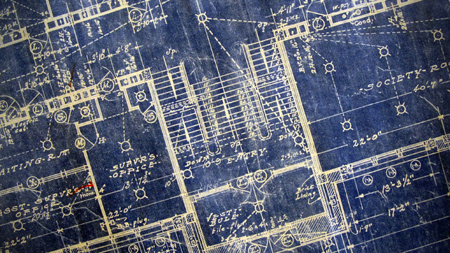Blueprints for the State Normal School at Eau Claire (now UW-Eau Claire) illustrate the original configuration of Schofield Hall.