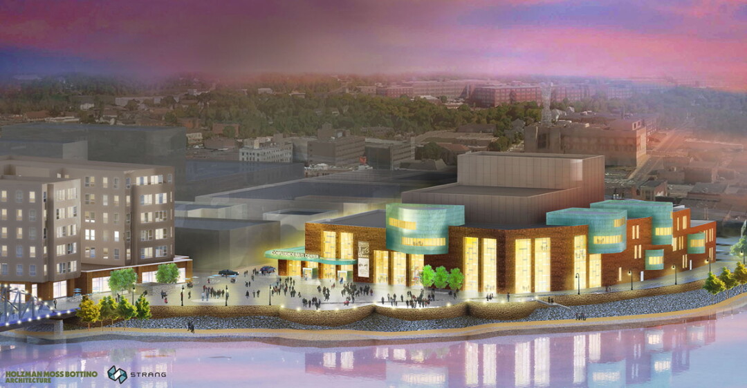 DOWN BY THE RIVERSIDE. The partners involved in the Confluence Project have unveiled this new rendering of the proposed arts center, created by Holzman Moss Bottino Architecture and Strang Architects. Click for a closer look!