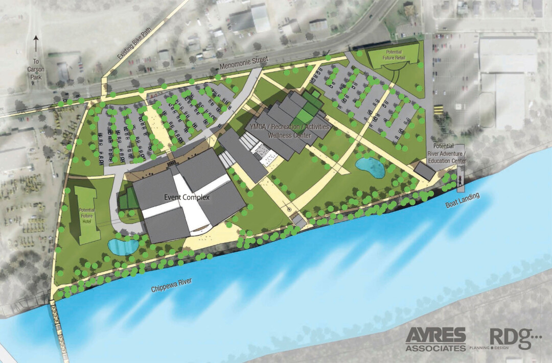 A conceptual site plan showing possible locations for a hotel (left) and retail (upper right) space around the Sonnentag Event and Recreation Complex on Menomonie Street.