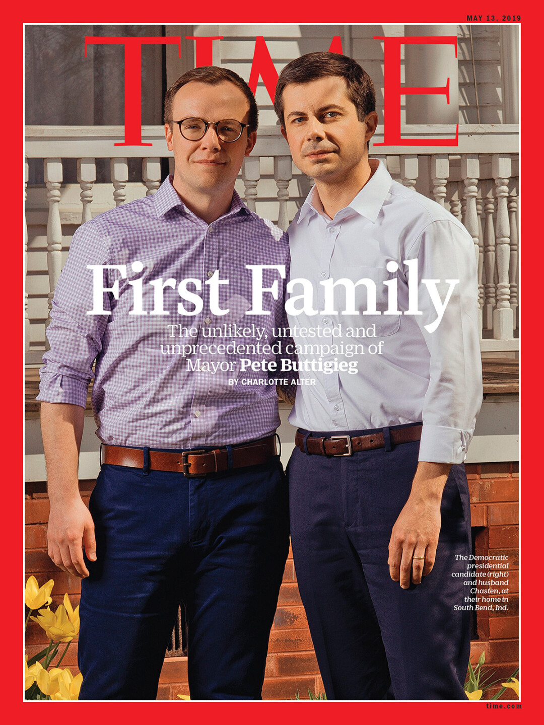 Chasten Buttigieg (left) on the cover of TIME Magazine (May 13) with husband and Democratic presidential hopeful Pete Buttigieg.
